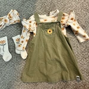 Green Corduroy Dress with Floral Onesie and Socks
